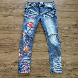Mackeen Jeans Mens 36 Blue Distressed Skinny Light Wash Painted Skulls Graffiti